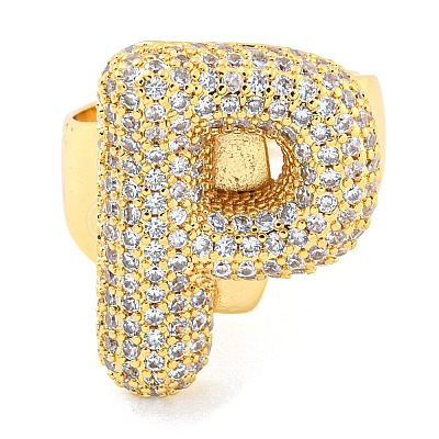 Brass Micro Pave Clear Cubic Zirconia Letter Open Cuff Ring for Women RJEW-M173-01G-P-1