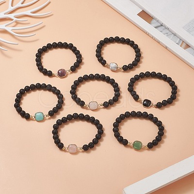 7Pcs 7 Sytle Natural Mixed Gemstone Square & Round Beaded Stretch Bracelets Set for Women BJEW-JB09939-1