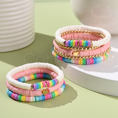 Synthetic Hematite & Polymer Clay Heishi Stretch Bracelets Set with Heart Brass Beads for Mother and Kids BJEW-JB07429-1