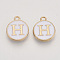 Golden Plated Alloy Charms, Cadmium Free & Lead Free, with Enamel, Enamelled Sequins, Flat Round with Letter, White, Letter.H, 14x12x2mm, Hole: 1.5mm