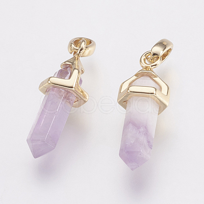 Brass Natural Amethyst Double Terminated Pointed Pendants KK-G343-11L-06G-1