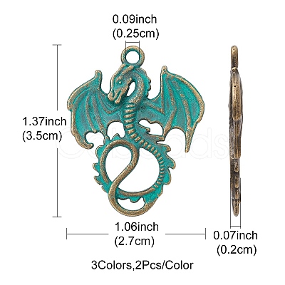 6Pcs 3 Styles Alloy Dragon Pendants FIND-FS0001-76-1