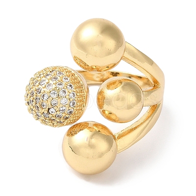 Brass Micro Pave Clear Cubic Zirconia Round Ball Open Cuff Rings for Women RJEW-C098-18G-1