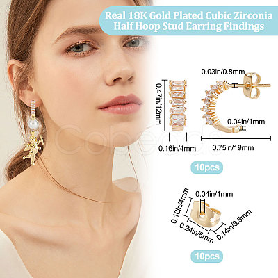 Beebeecraft 10Pcs Brass Clear Cubic Zirconia C-shape Stud Earring Findings KK-BBC0007-12-1