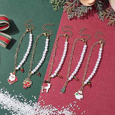 5Pcs 5 Styles Christmas Acrylic Imitated Pearl & Paperclip Chain Bracelets BJEW-JB10383-1