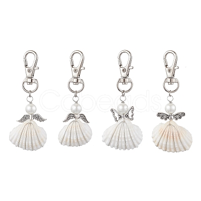 4Pcs 4 Styles Angel Alloy & Wire Wrapped Natural Shell Pendant Decorations HJEW-JM02017-1