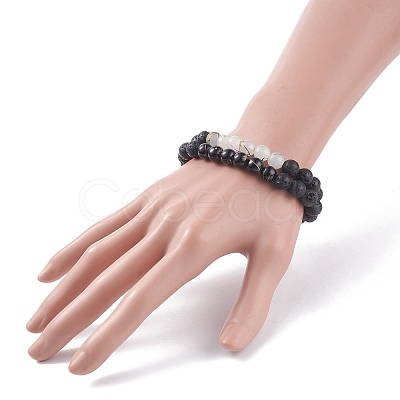 2Pcs 2 Color Round Glass & Natural Lava Rock Beaded Stretch Bracelets Set BJEW-JB07910-1