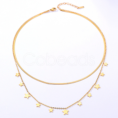 Stainless Steel Cable & Herringbone Chains Double Layer Necklaces SB7965-1