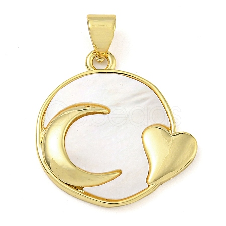 Rack Plating Brass Pave Shell Flat Round Heart Pendants KK-Z063-13G-02-1