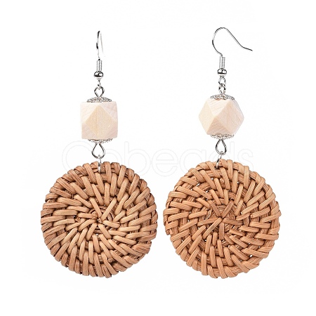 Handmade Reed Cane/Rattan Woven Beads Dangle Earrings EJEW-JE03017-01-1