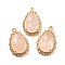 Natural Rose Quartz Faceted Pendants, Rack Plating Brass Pave Clear Cubic Zirconia Teardrop Charms, Golden, 23.5~24x15~15.5x6mm, Hole: 1.2mm