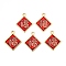 Spring Festival Theme Alloy Enamel Pendants, Rhombus with FU Character, Golden, 2.1x1.8x0.15cm, Hole: 1.8mm