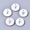 Natural Freshwater Shell Pendants, with Platinum Plated Iron Etched Metal Embellishments, Flat Round with Initial Letter, White, Letter.F, 11x2mm, Hole: 1.5mm