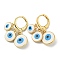 Real 18K Gold Plated Brass Dangle Leverback Earrings, with Enamel, Evil Eye, White, 27x12mm