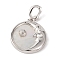 Rhodium Plated 925 Sterling Silver Pave Natural Shell Flat Round Pendants, Clear Cubic Zirconia Moon Charms with 925 Stamp, Real Platinum Plated, 28mm, Hole: 5x4mm