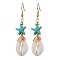 Starfish Brass with Synthetic Turquoise & Cowrie Shell Dangle Earrings, Golden, Turquoise, 60~62x14~15mm