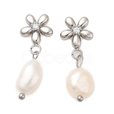 304 Stainless Steel Flower Dangle Stud Earings with Rhinestone EJEW-M224-02P-1