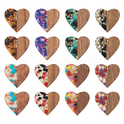 Pandahall 16Pcs 8 Colors Transparent Resin & Walnut Wood Pendants RESI-TA0002-16-1