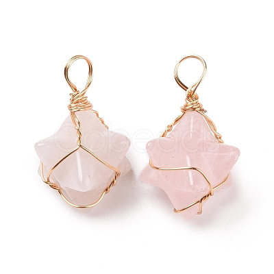 Natural Rose Quartz Copper Wire Wrapped Pendants G-B041-02G-14-1