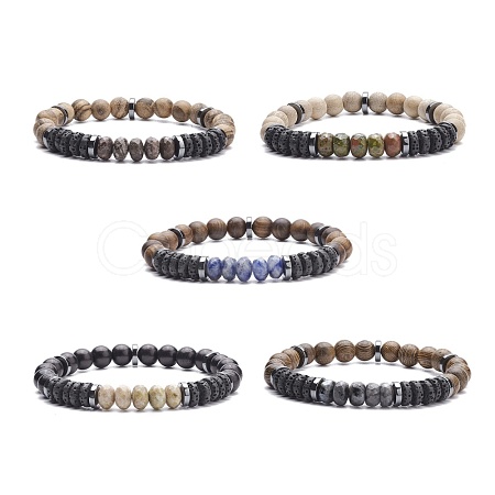 Natural Wood & Synthetic Hematite Stretch Bracelet with Gemstone BJEW-JB08155-1