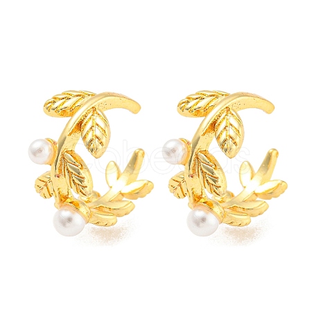 Rack Plating Brass Leaf Cuff Earrings with Plastic Pearl EJEW-A028-56G-1