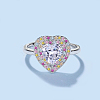 Rhodium Plated 925 Sterling Silver Heart Finger Ring with Colorful Cubic Zirconia RJEW-F150-72B-P-5