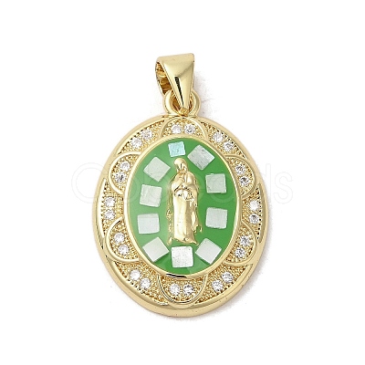 Oval with Virgin Mary Brass Micro Pave Clear Cubic Zirconia Pendants KK-K385-030G-1