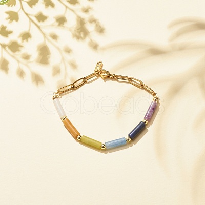 Natural Mixed Gemstone Curved Tube Beaded Bracelet with 304 Stainless Steel Paperclip Chains BJEW-JB08128-1