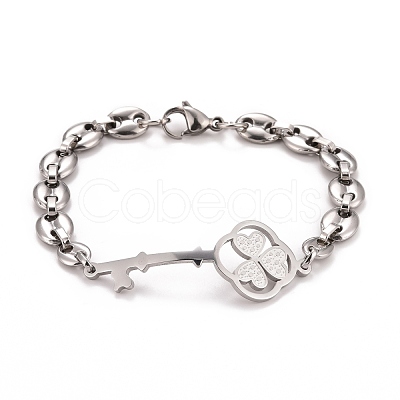 Tarnish Resistant 304 Stainless Steel Clover Skeleton Key Link Bracelet with Coffee Bean chains for Men Women STAS-E160-28P-1