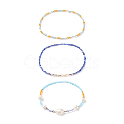 3Pcs 3 Style Natural Pearl & Glass Seed Beaded Stretch Bracelets Set for Women BJEW-JB08891-1