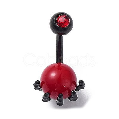 Red PVC Round Beaded Claw Dangle Belly Ring with Rhinestone AJEW-D053-02EB-1