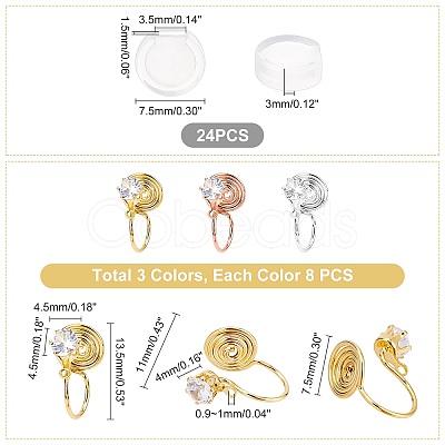 PandaHall Elite 24Pcs 3 Color Brass Micro Pave Cubic Zirconia Clip-on Earrings Finding KK-PH0001-94-1