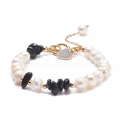 Natural Obsidian & Pearl Beaded Bracelet with Alloy Enamel Heart Charms BJEW-JB08039-06-1