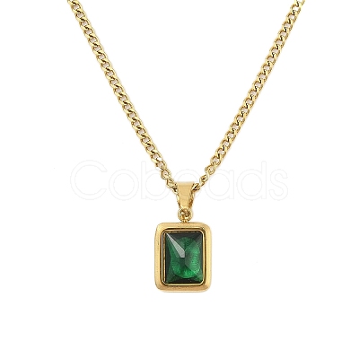 304 Stainless Steel Pave Green Cubic Zirconia Rectangle Pendant Necklaces NJEW-N055-19G-1