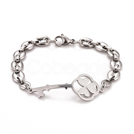 304 Stainless Steel Clover Skeleton Key Link Bracelet with Coffee Bean chains for Men Women STAS-E160-28P-1