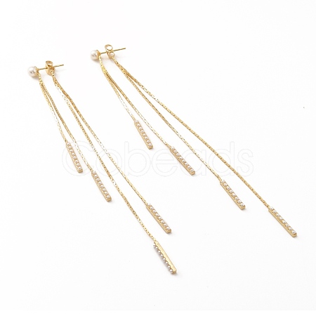 Brass Long Tassel Dangle Stud Earrings with Acrylic Pearl EJEW-F281-14G-1