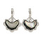 Natural Black Lip Shell Pendants, Brass Heart Charms, Real Platinum Plated, 18x18x3mm, Hole: 1.5X4mm