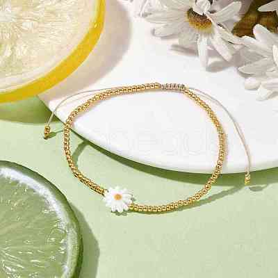 Flower Natural Shell & Glass Seed Braided Bead Bracelets BJEW-JB09920-1