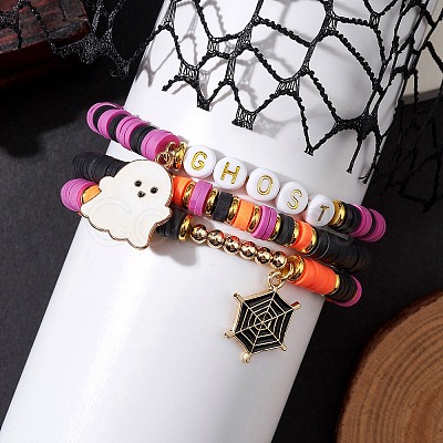 3Pcs Halloween Theme Handmade Polymer Clay Beaded Stretch Bracelets BJEW-TA00466-1