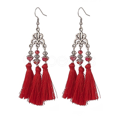 Polyester Tassel with Glass Beaded Chandelier Earrings EJEW-TA00183-03-1