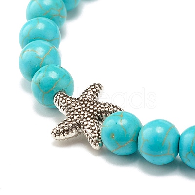 Round Synthetic Turquoise & Natural Lava Rock Stretch Bracelet BJEW-JB07470-05-1