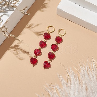 Glass Heart Tassel Dangle Leverback Earrings EJEW-TA00200-1