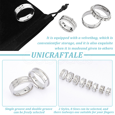 Unicraftale 16Pcs 16 Style 201 Stainless Steel Grooved Finger Ring Settings STAS-UN0044-17-1