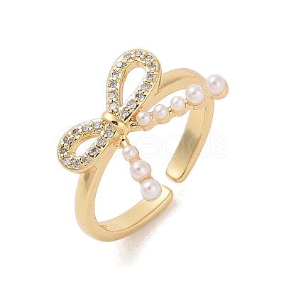 Bowknot Brass Micro Pave Clear Cubic Zirconia Open Cuff Rings for Women RJEW-S417-05G-1