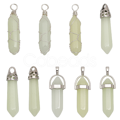 CHGCRAFT 9Pcs 9 Styles Synthetic Luminous Stone Double Terminal Pointed Pendants G-CA0001-72-1