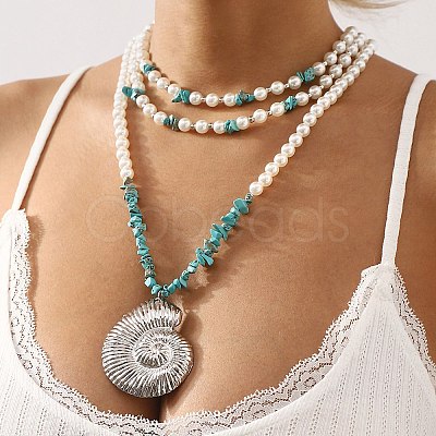 Boho Dyed Synthetic Turquoise Chip & Plastic Pearl Multi Layered Necklaces NJEW-U006-04A-P-1