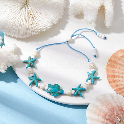 Turtle & Starfish Dyed Synthetic Turquoise Slider Bracelets BJEW-JB10279-02-1