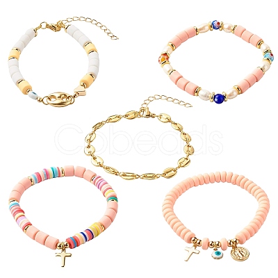 5Pcs 5 Style Handmade Polymer Clay Stretch & Brass Beaded & Alloy Link Chain Bracelets Set BJEW-SZ0001-66A-1