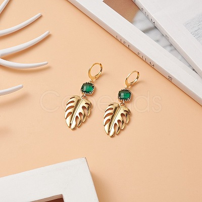 201 Stainless Steel Monstera Leaf Dangle Leverback Earrings with Green Glass EJEW-TA00191-1