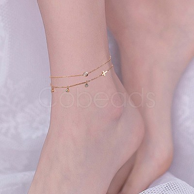 2Pcs 2 Style Flat Round Cubic Zirconia Charm Anklet with Cross JA195A-1